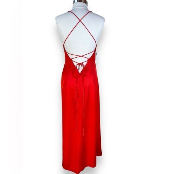 FAME & Partners Zarita Red Maxi Wrap Dress Matte Satin Glam Gown Strappy Slit 10 - Picture 3 of 10